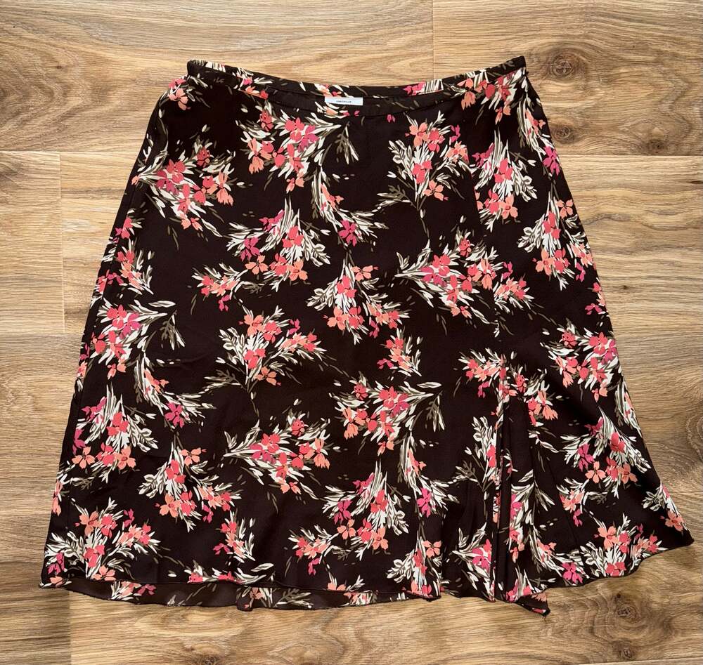 Ann Taylor LOFT 100% Silk Brown Floral Aline Knee Length - size 14 - OA